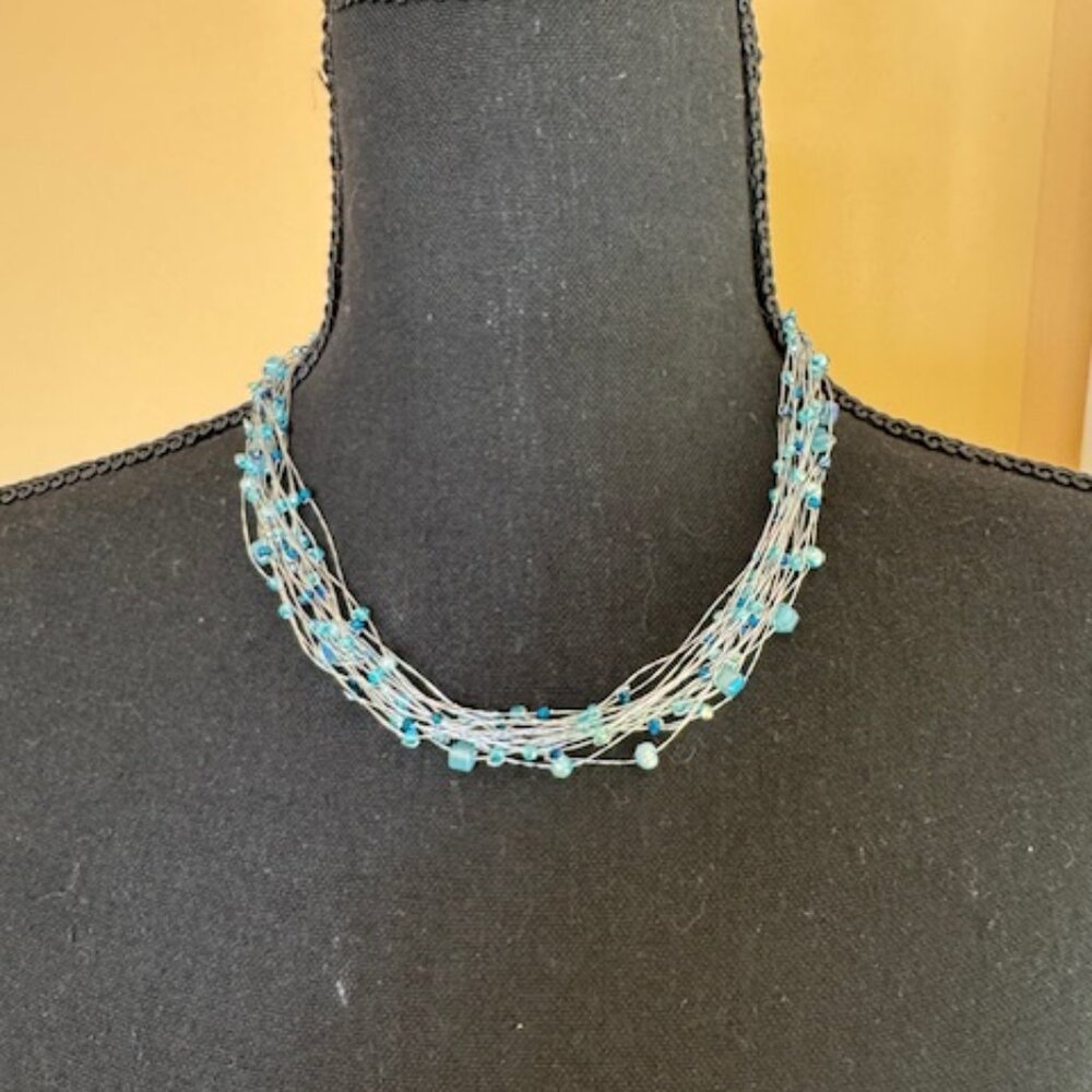 Multi-strand bead necklace, silver tone, 17" w/extender